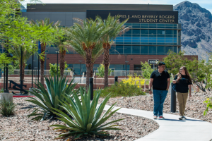 two students walking from the student center