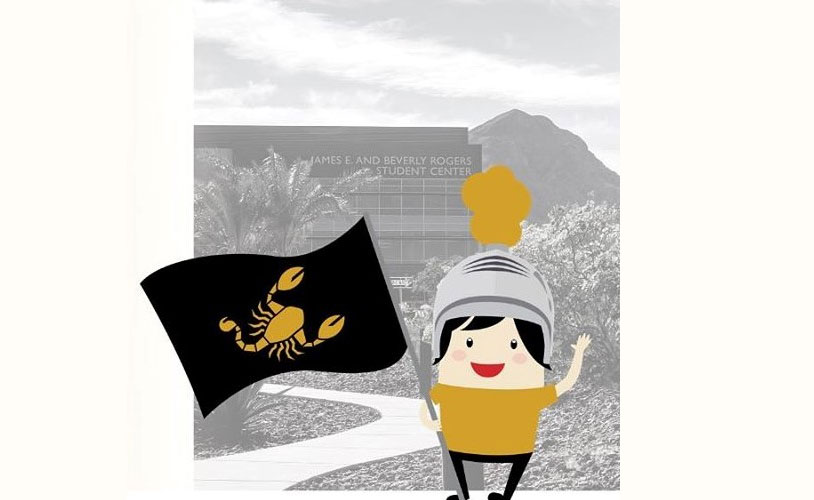 Animated person singing the fight song holding the campus flag