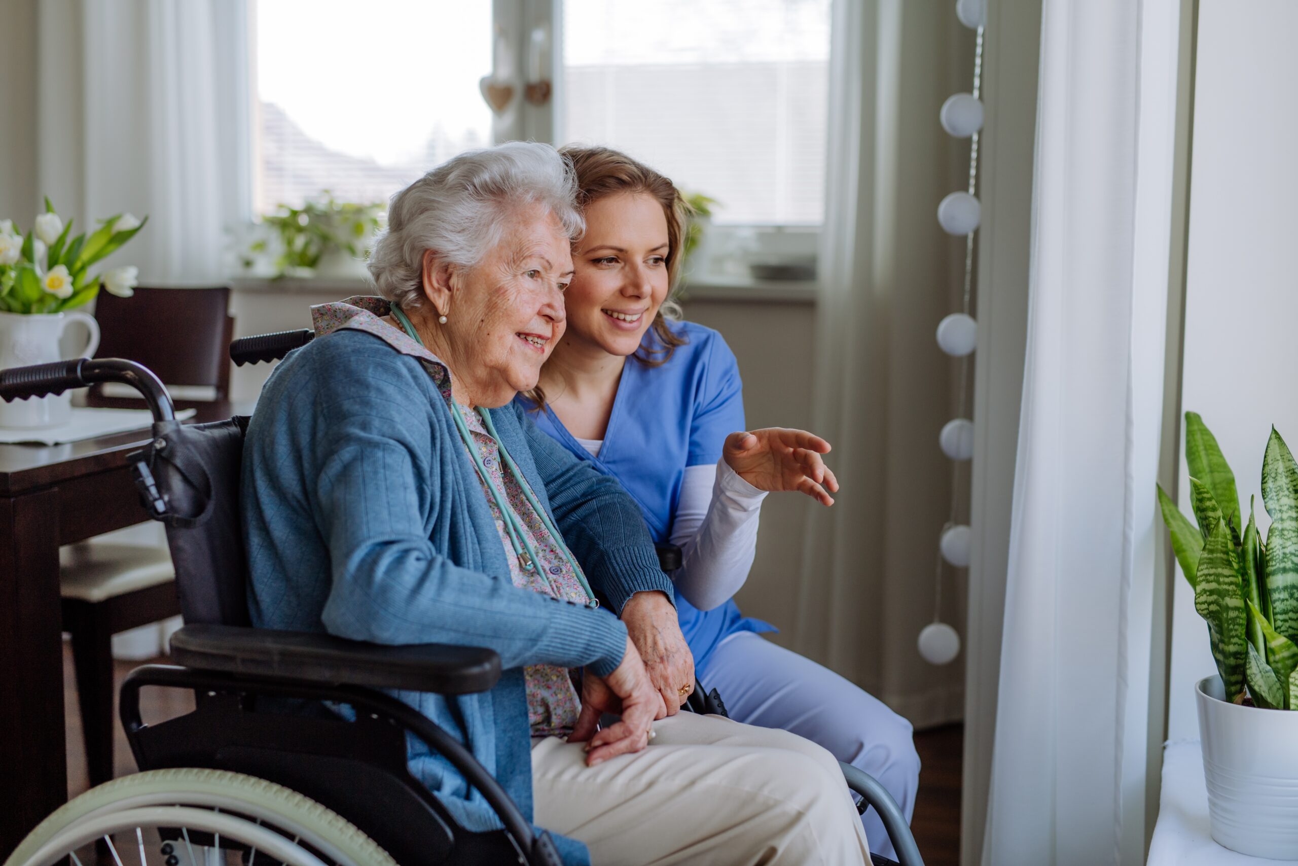 A nurse and an elderly woman in a wheelchair are smiling and looking out a window together.