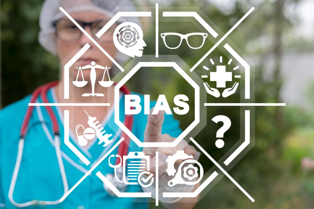 Nurse in scrubs touches a digital interface with the word “bias” and healthcare-related icons.