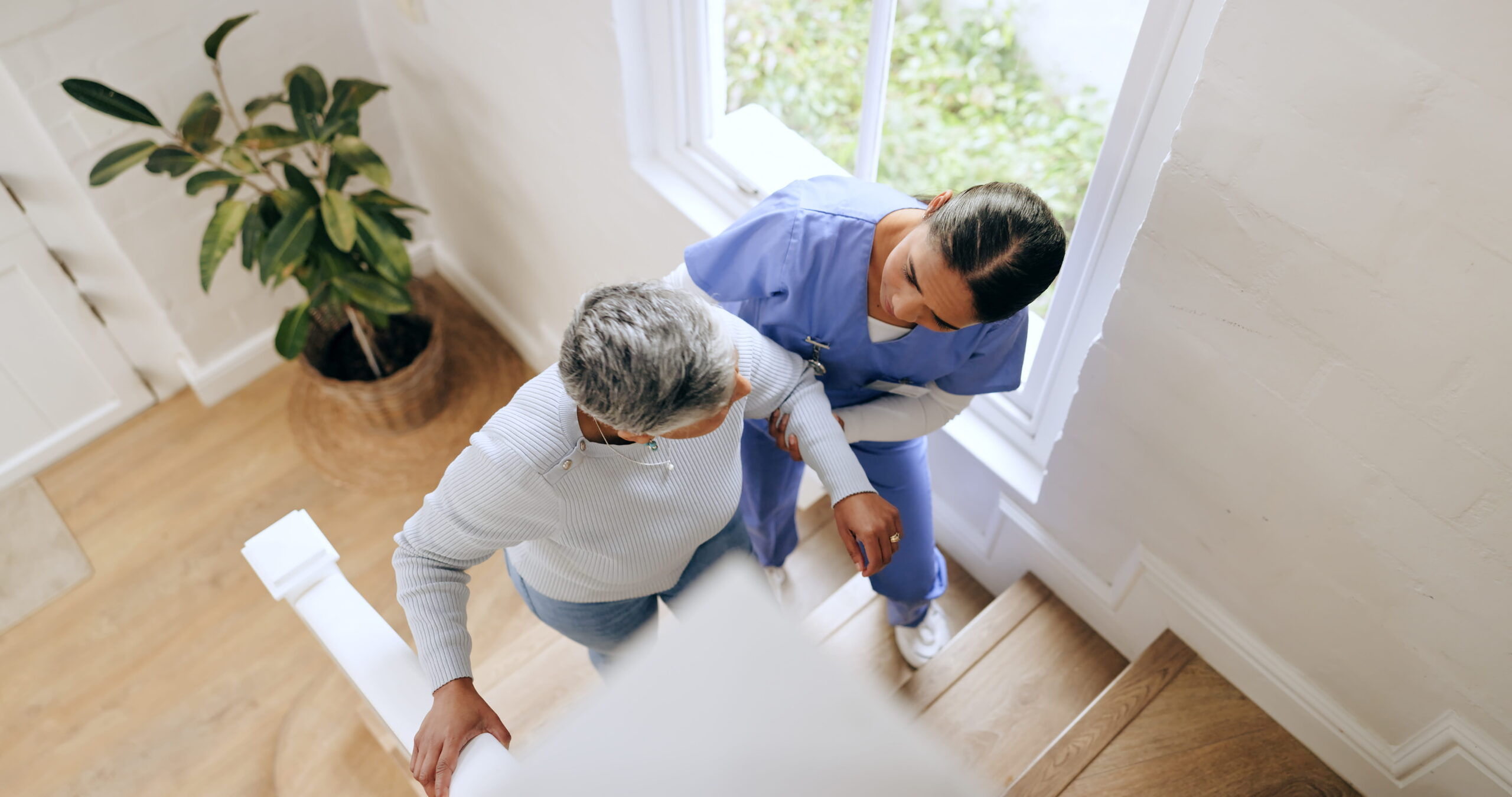 home_nurse-min2 Home health nurse assisting an elderly woman walking up stairs.